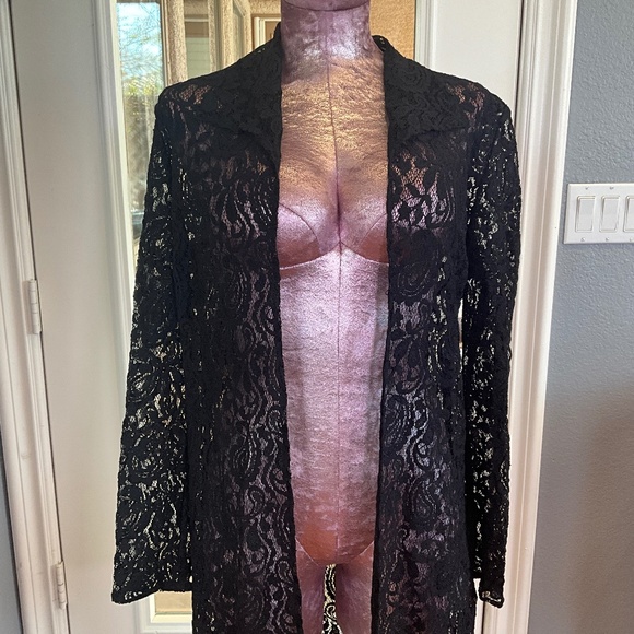 Vintage 90s Joseph Ribkoff Lace Open Front Sweater Topper Bridal Evening Black 8 - Picture 3 of 10
